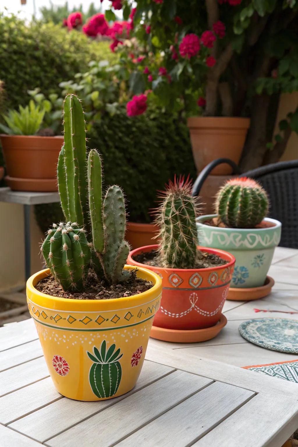 Colorful pots add personality to cactus arrangements.