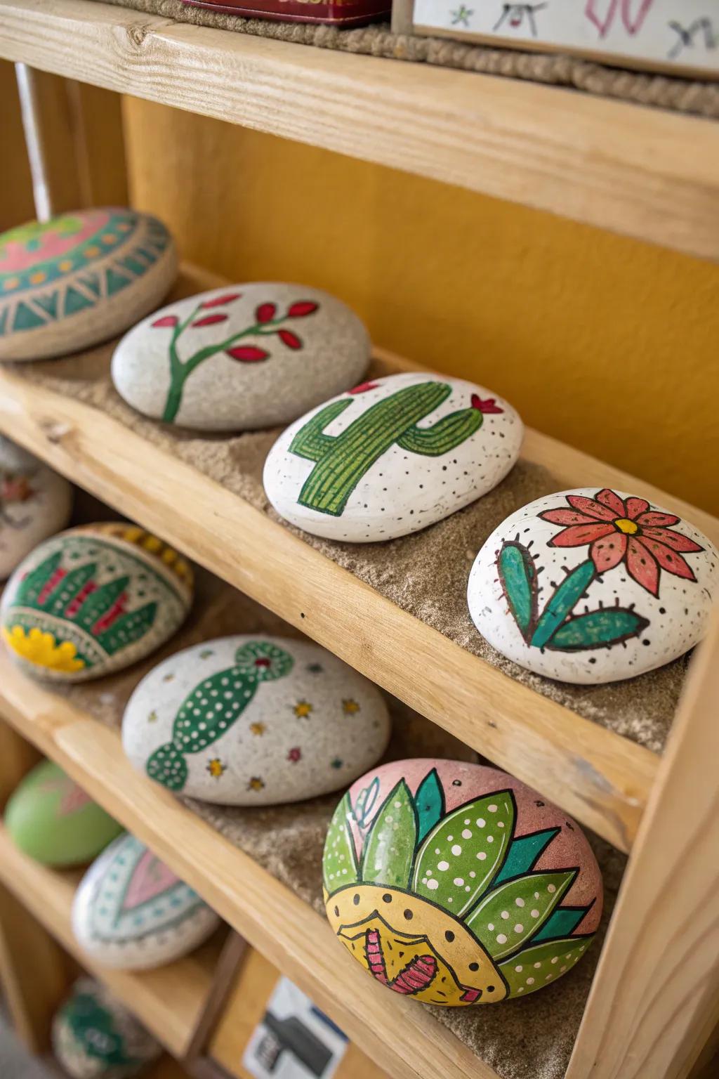 DIY painted cactus rocks add a personal artistic touch.