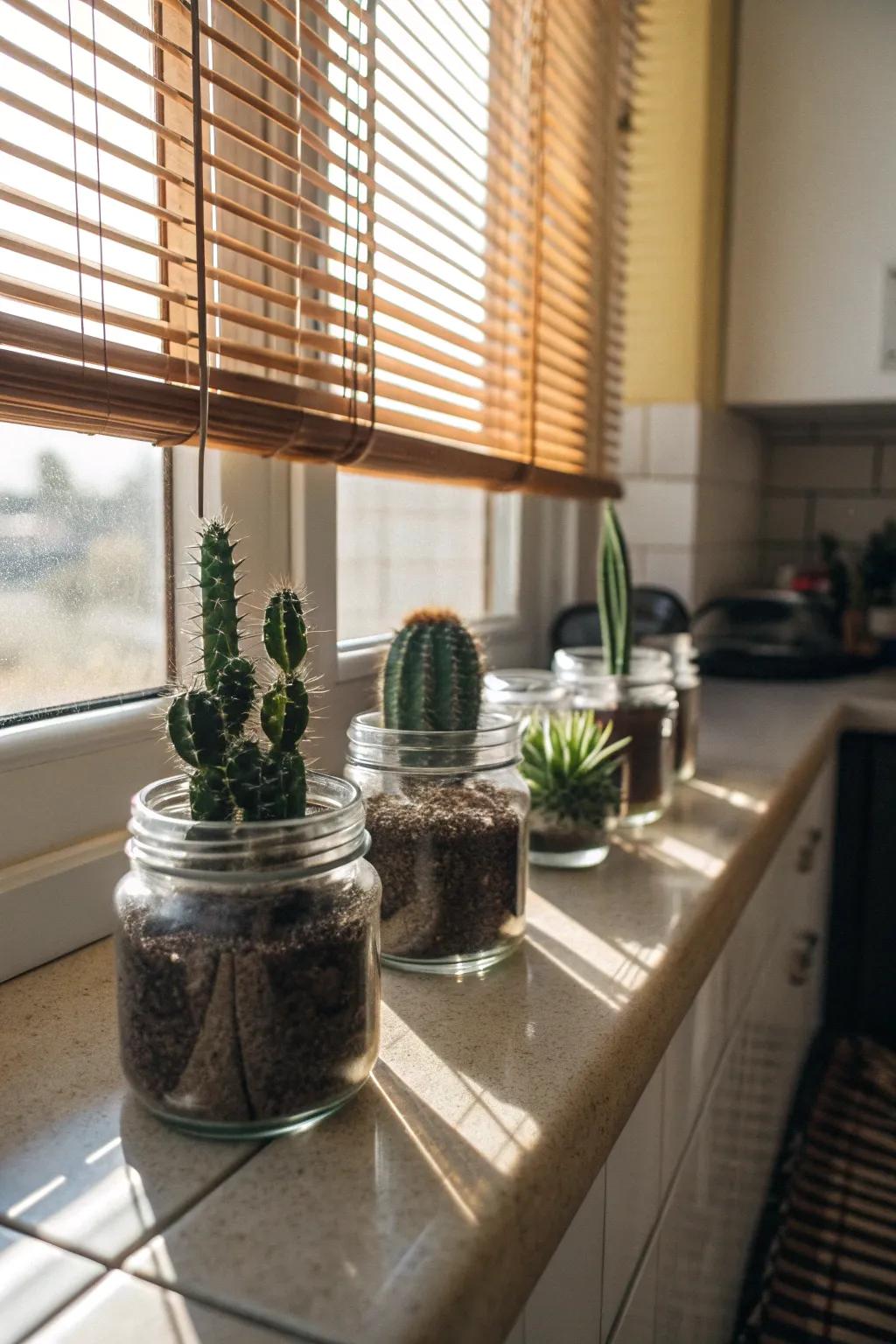 Mason jars bring a rustic charm to cactus displays.