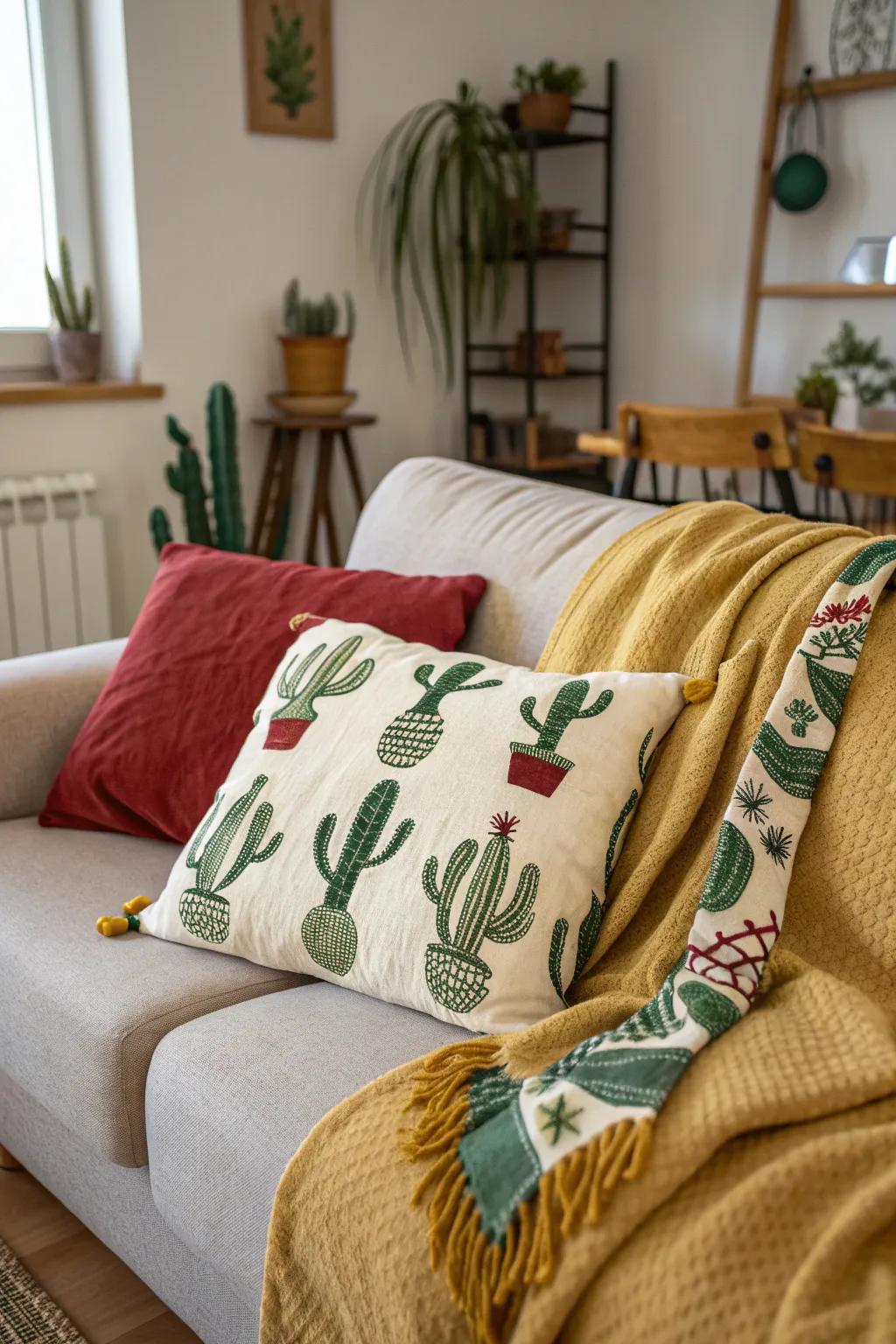 Cactus-patterned textiles add warmth and style effortlessly.