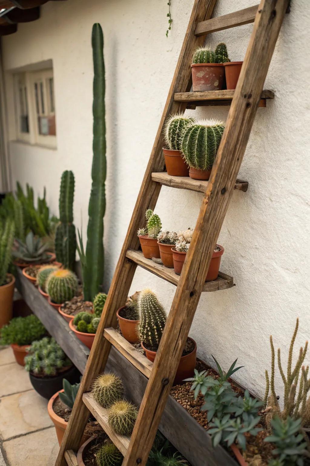 A display ladder offers a unique way to showcase cacti.