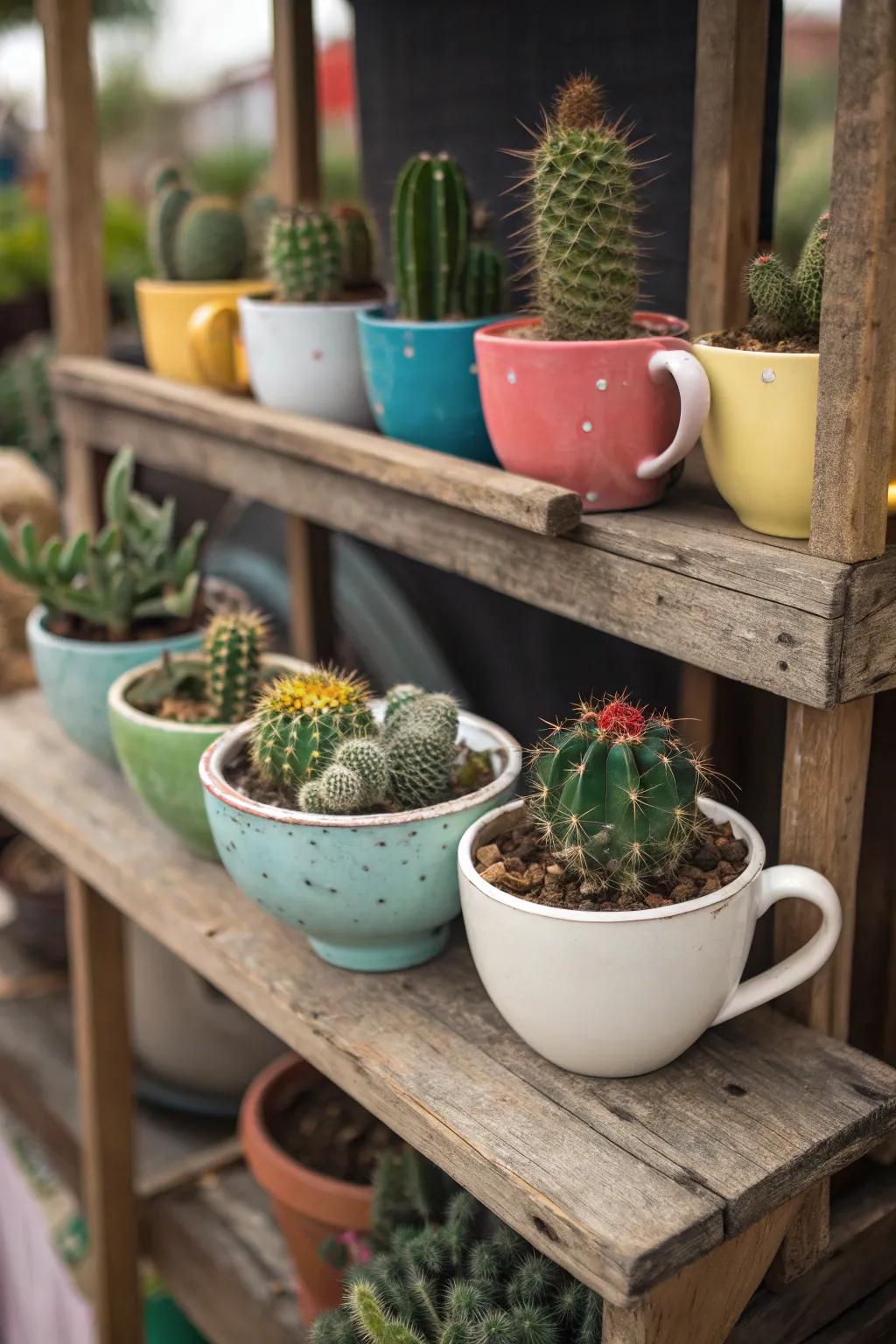 Vintage finds make charming homes for cacti.