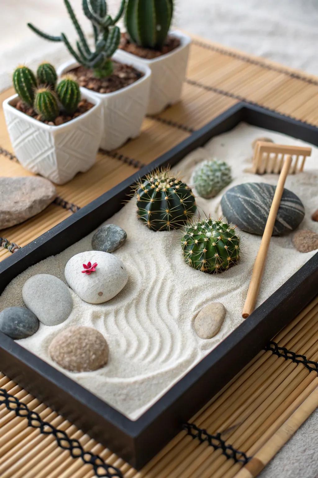 A cactus Zen garden offers a peaceful, meditative touch.