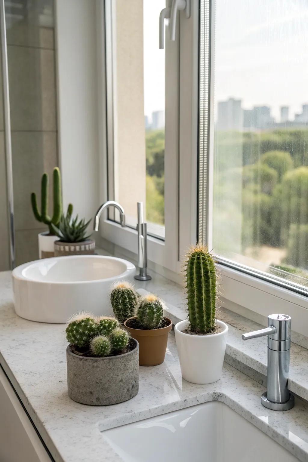 Cacti bring a fresh, spa-like feel to bathroom decor.