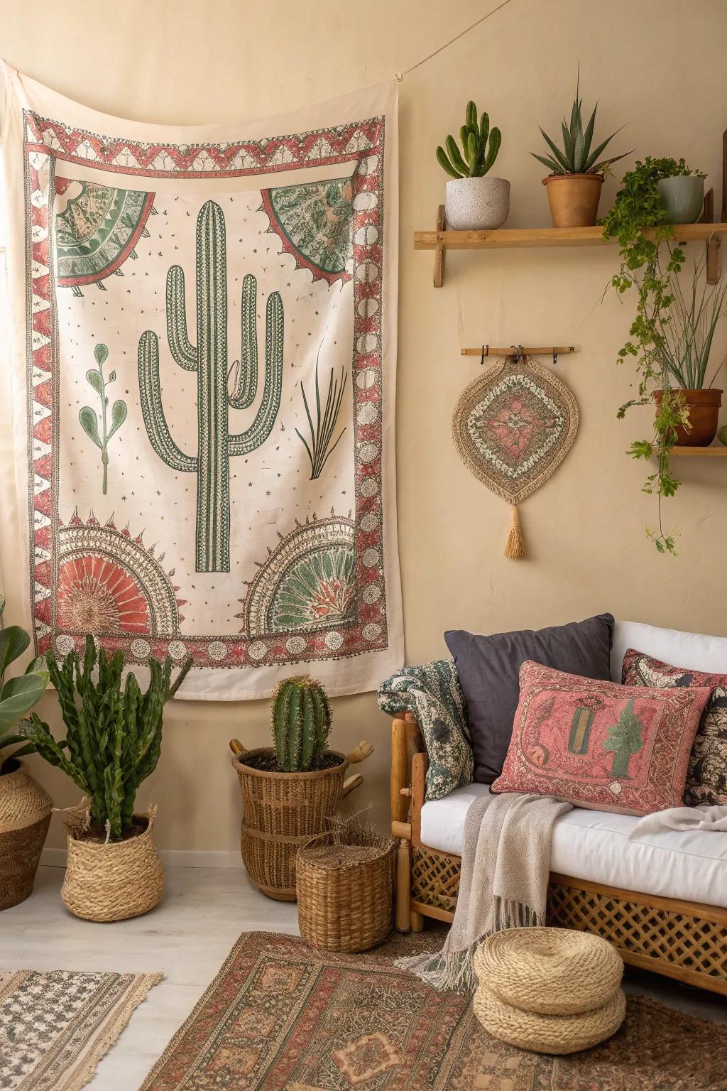 Cactus fabric art adds texture and a handmade feel.