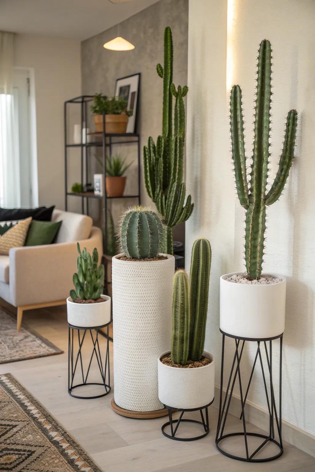 Cacti on plant stands create visual interest and height.
