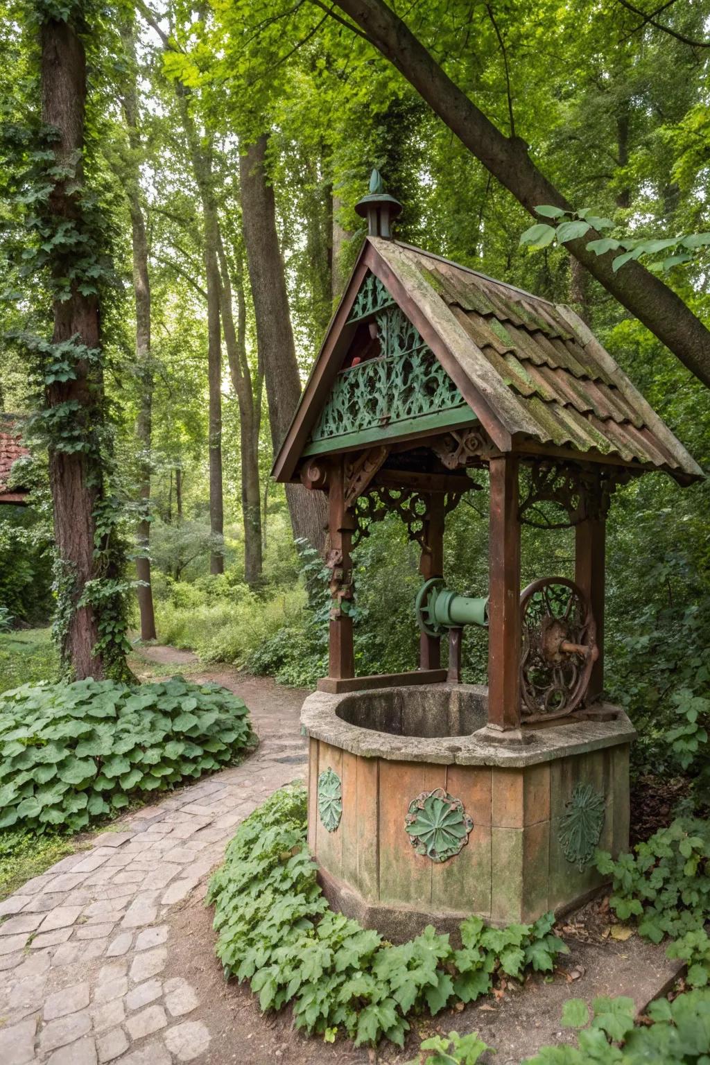 Earthy tones give this wishing well a rustic charm.