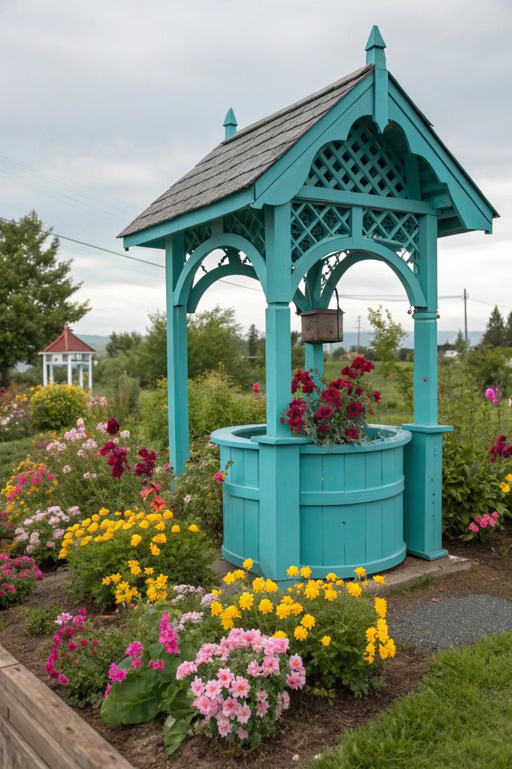 A wishing well painted in vibrant turquoise adds a splash of color.