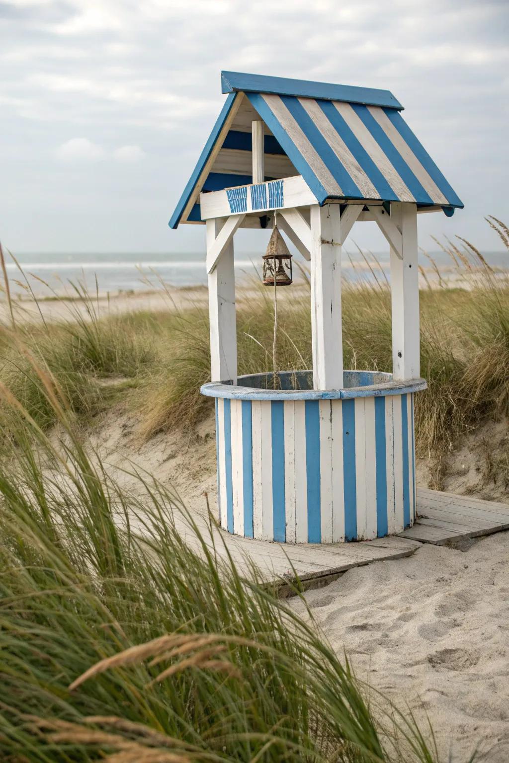 Nautical colors bring a seaside feel to this wishing well.