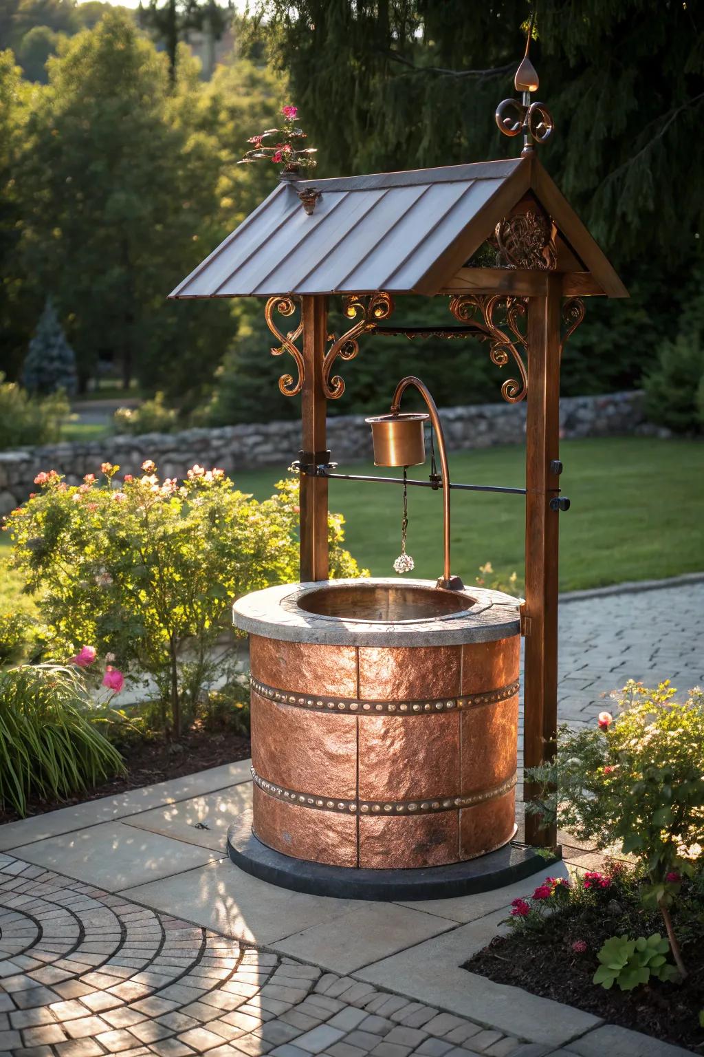 Copper accents bring a glamorous shine to this wishing well.