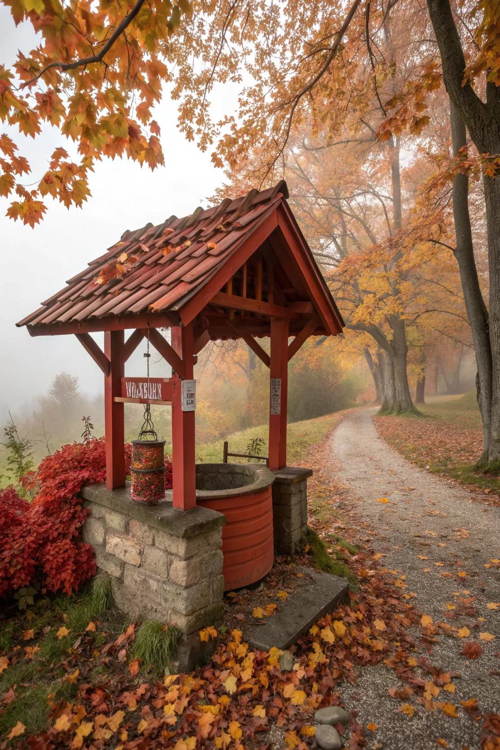 Seasonal colors bring a festive touch to this wishing well.