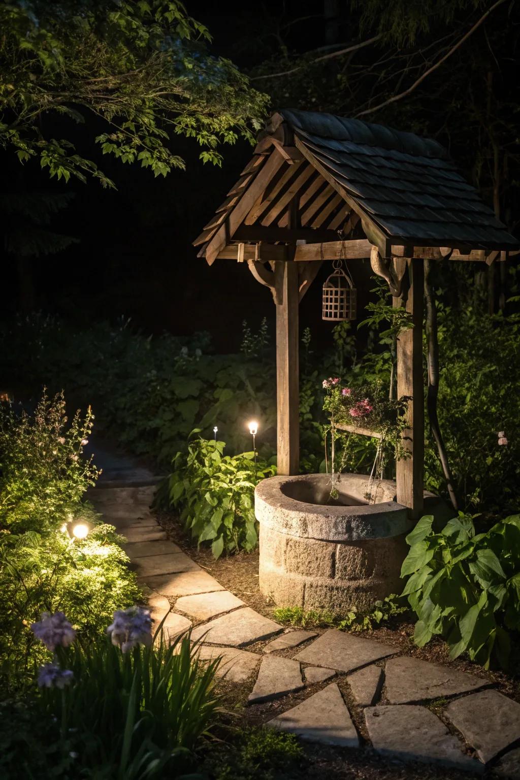 Glow-in-the-dark paint gives this wishing well a magical nighttime glow.