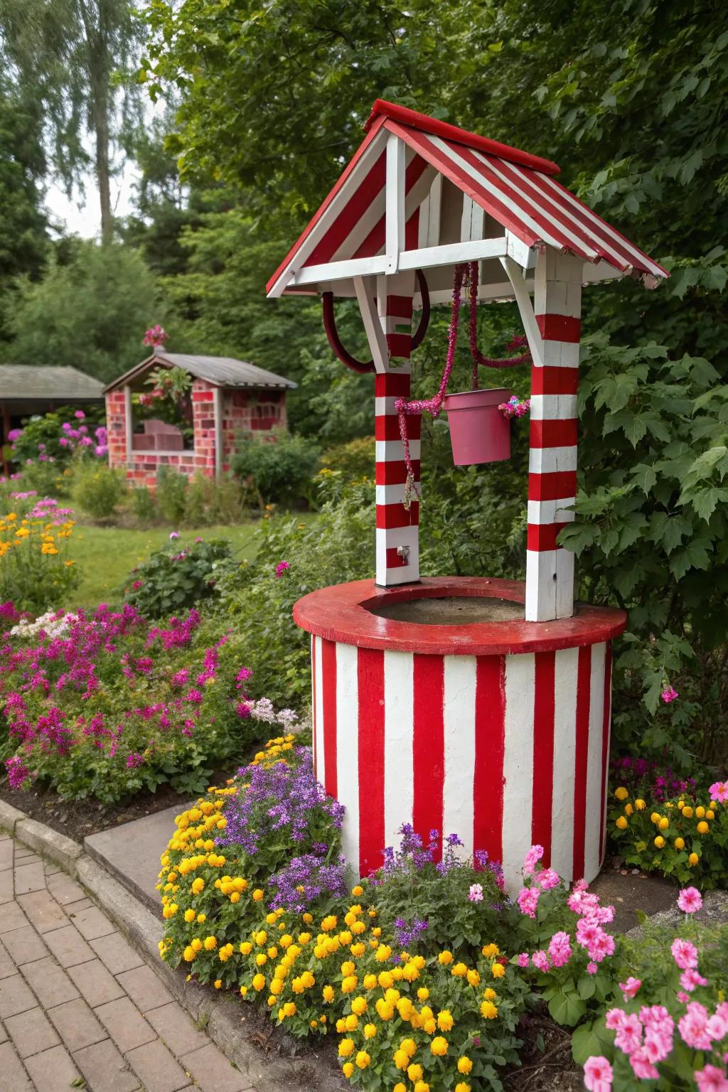 Bold stripes make this wishing well a garden standout.