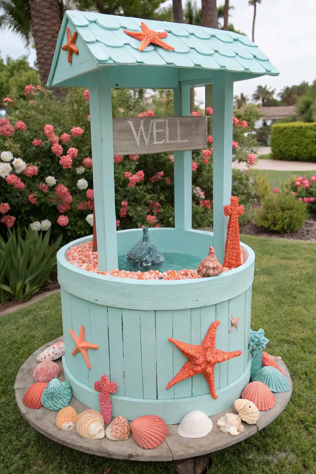 An underwater theme brings the sea to this wishing well.
