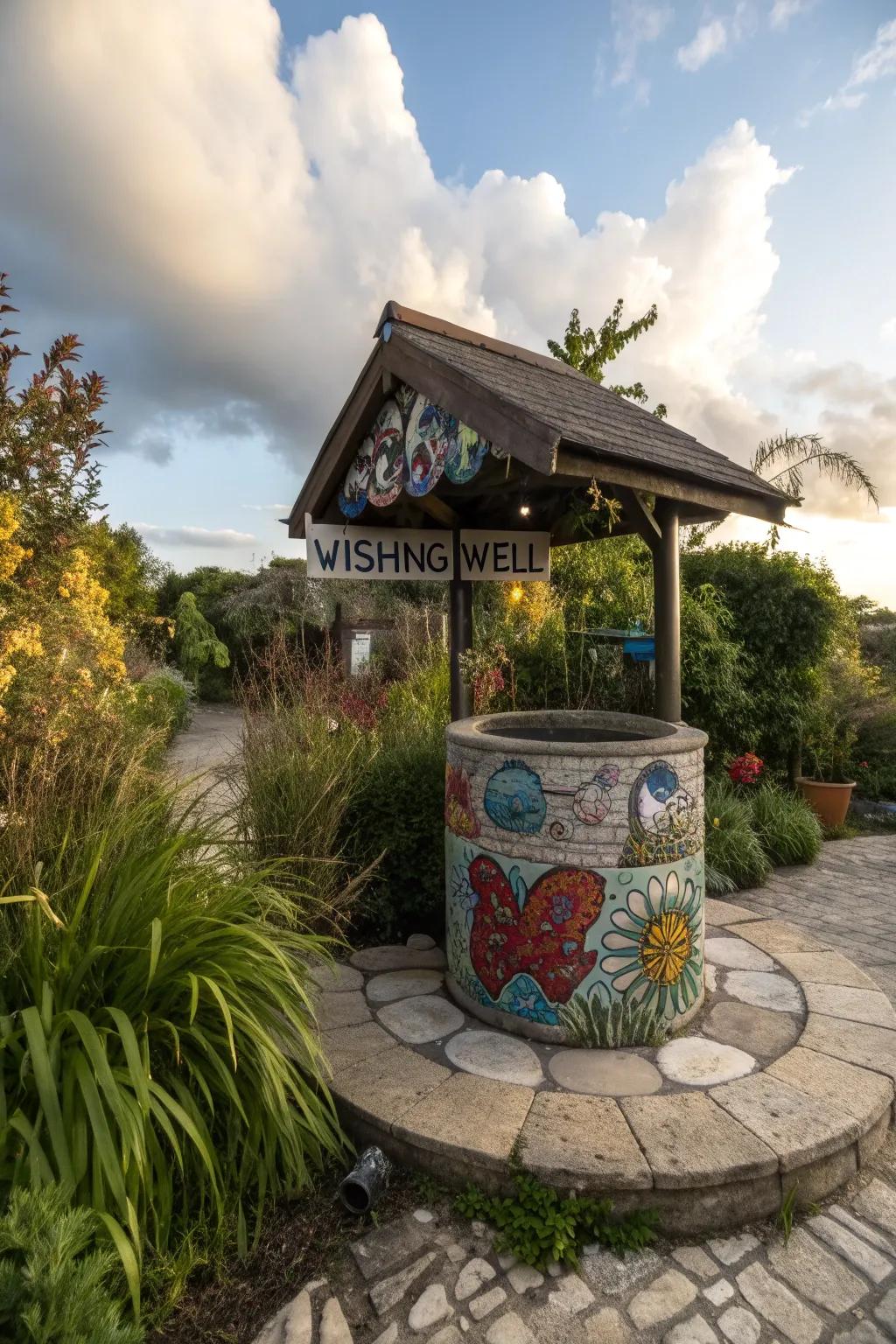 Artistic graffiti makes this wishing well a modern art piece.