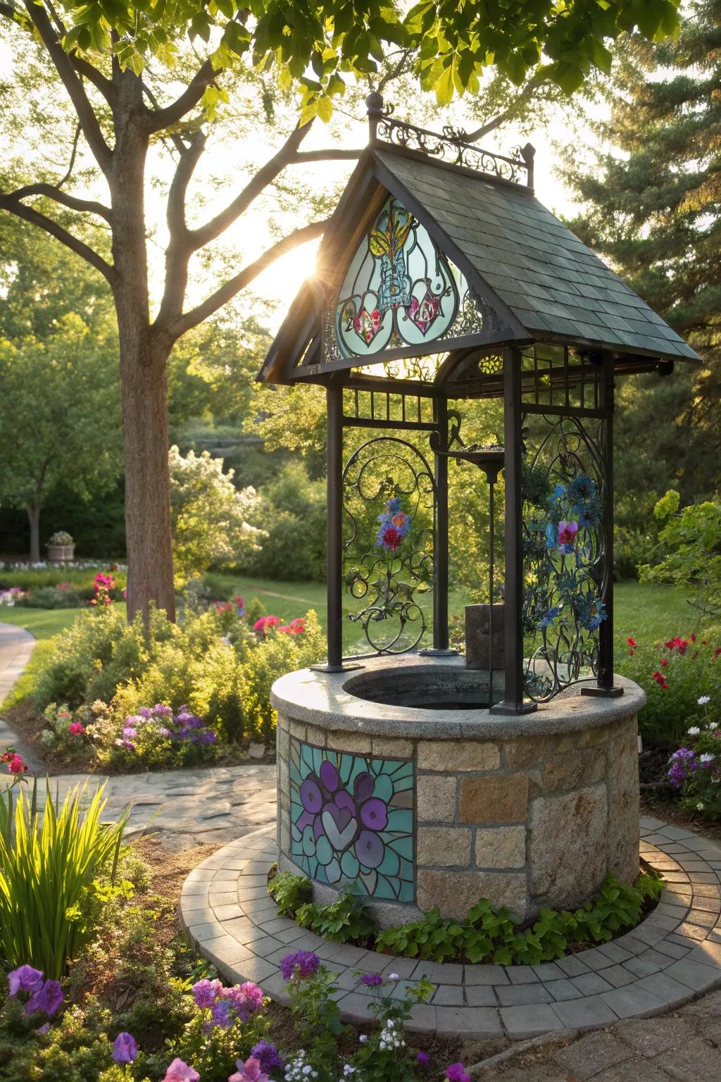 A stained glass effect gives this wishing well a colorful glow.