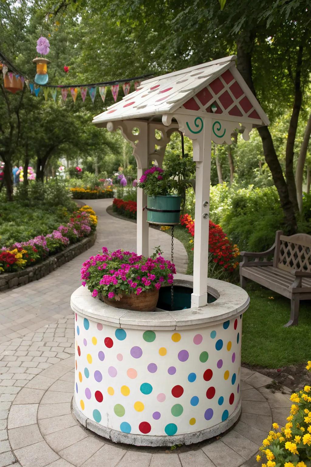 Polka dots add a fun and cheerful touch to this wishing well.