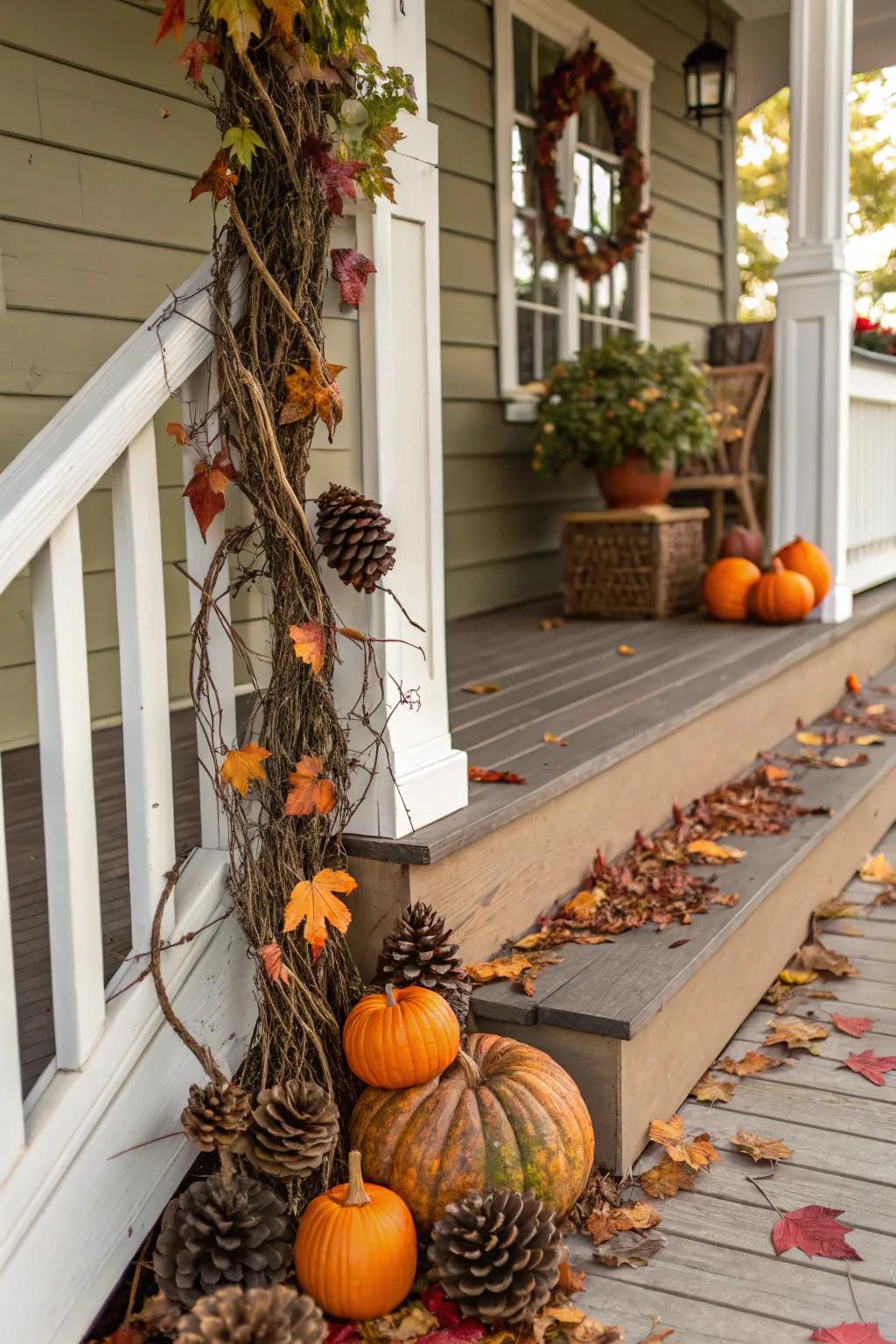 Autumn porch adorned with grapevine garland and seasonal decor.