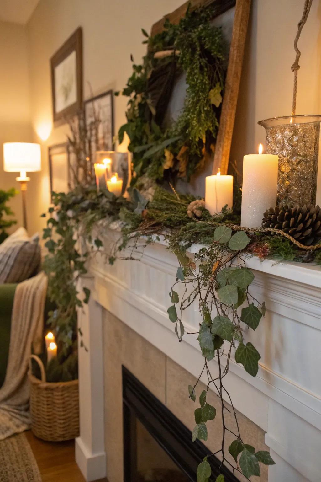 Elegance on the mantel with grapevine and dried botanicals.