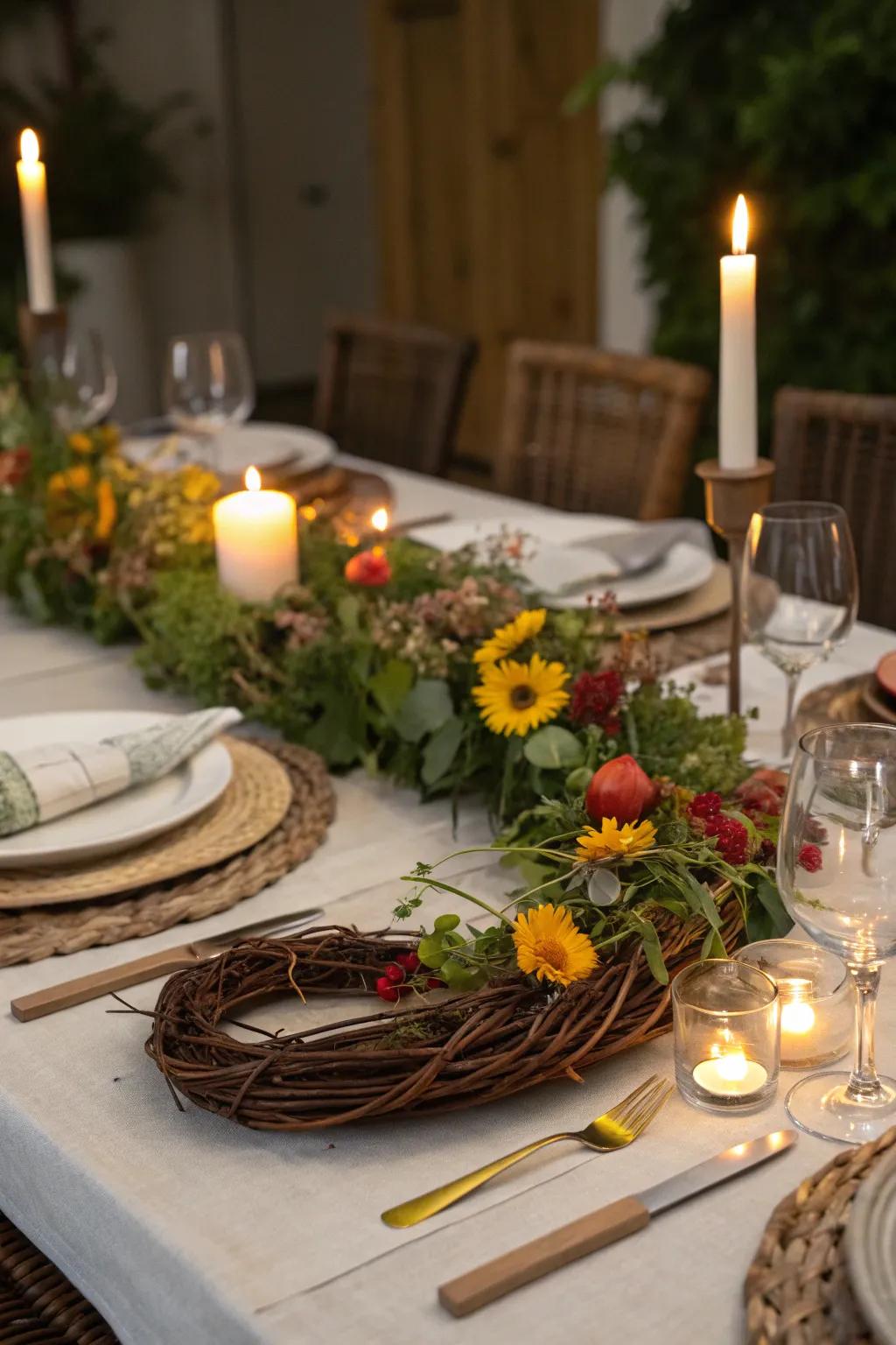 Rustic table setting with grapevine garland as a centerpiece.