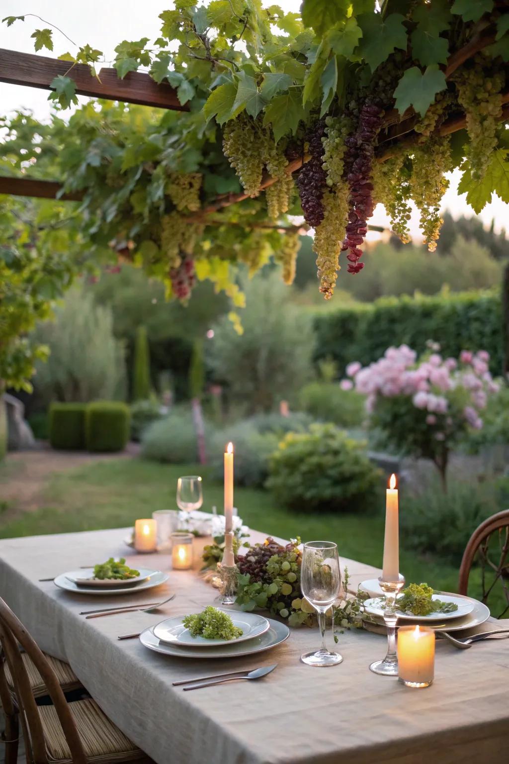 Outdoor dining enhanced by grapevine garlands above.