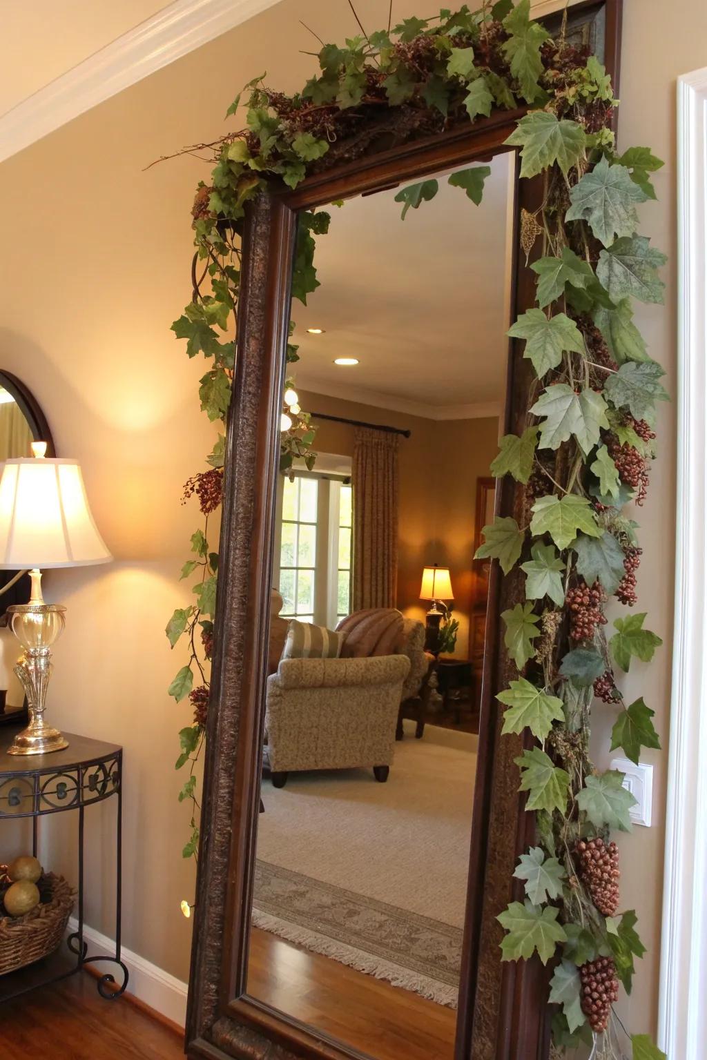 Rustic charm added to mirrors with grapevine garlands.
