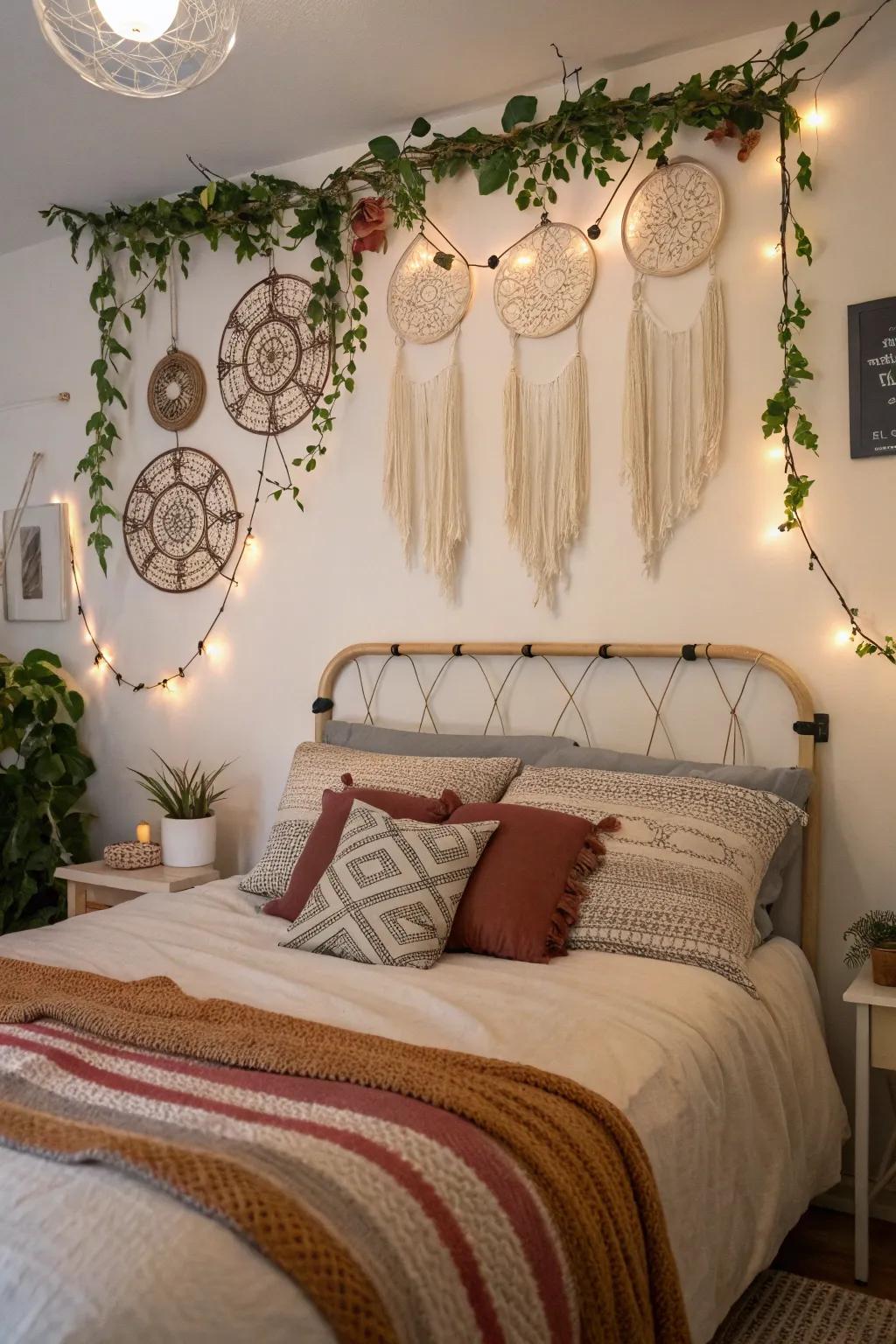 Bohemian vibes in the bedroom with grapevine and dreamcatchers.
