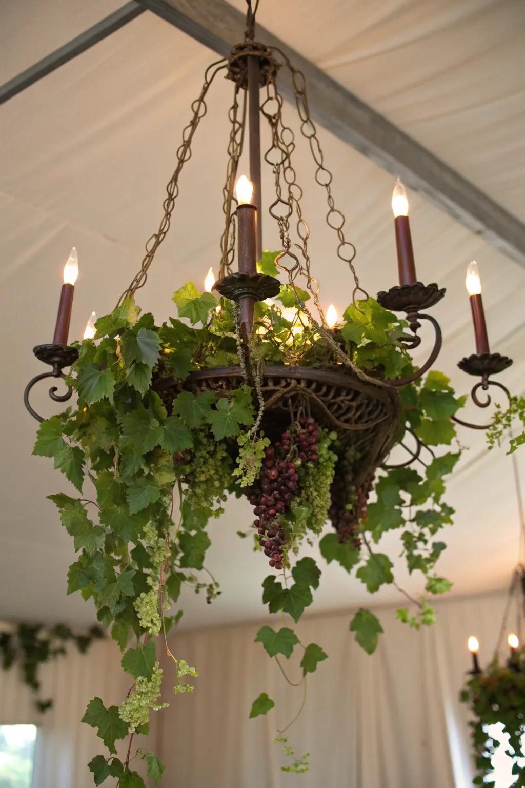 Nature-inspired chandelier with grapevine accents.