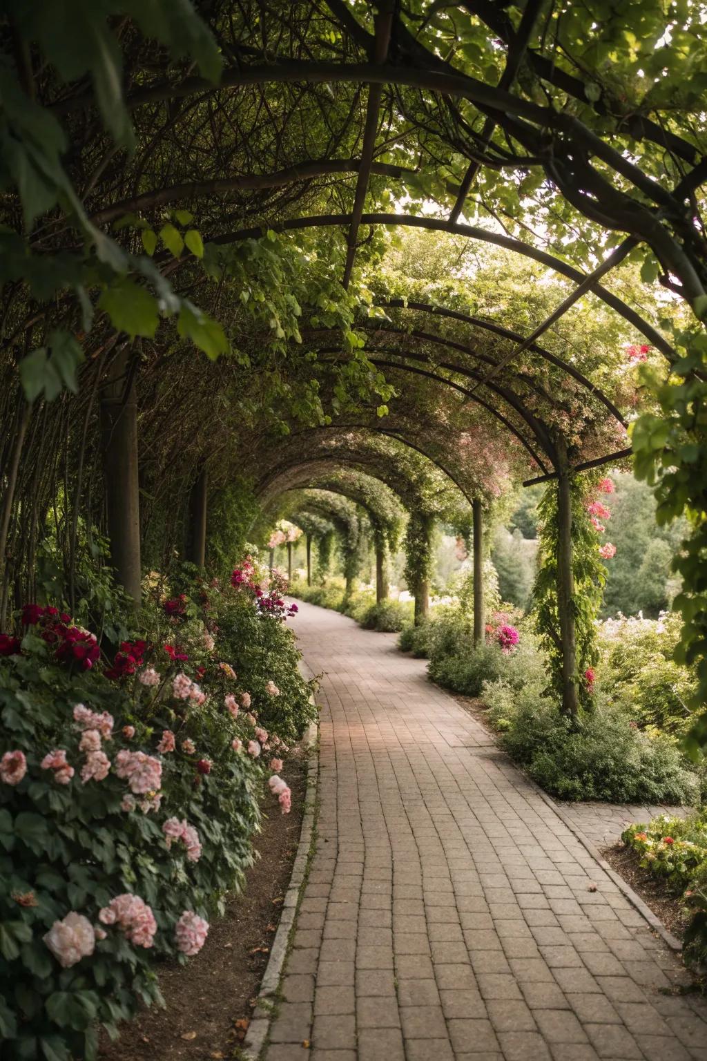 Enchanting garden pathway adorned with grapevine.