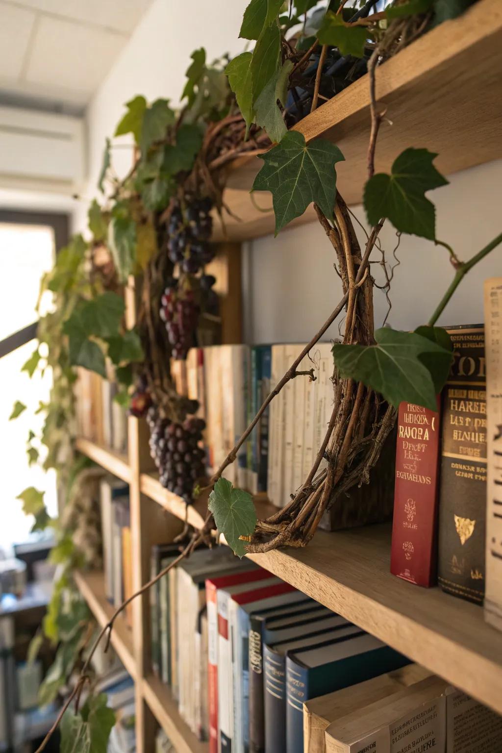 Earthy bookshelf decor with grapevine accents.