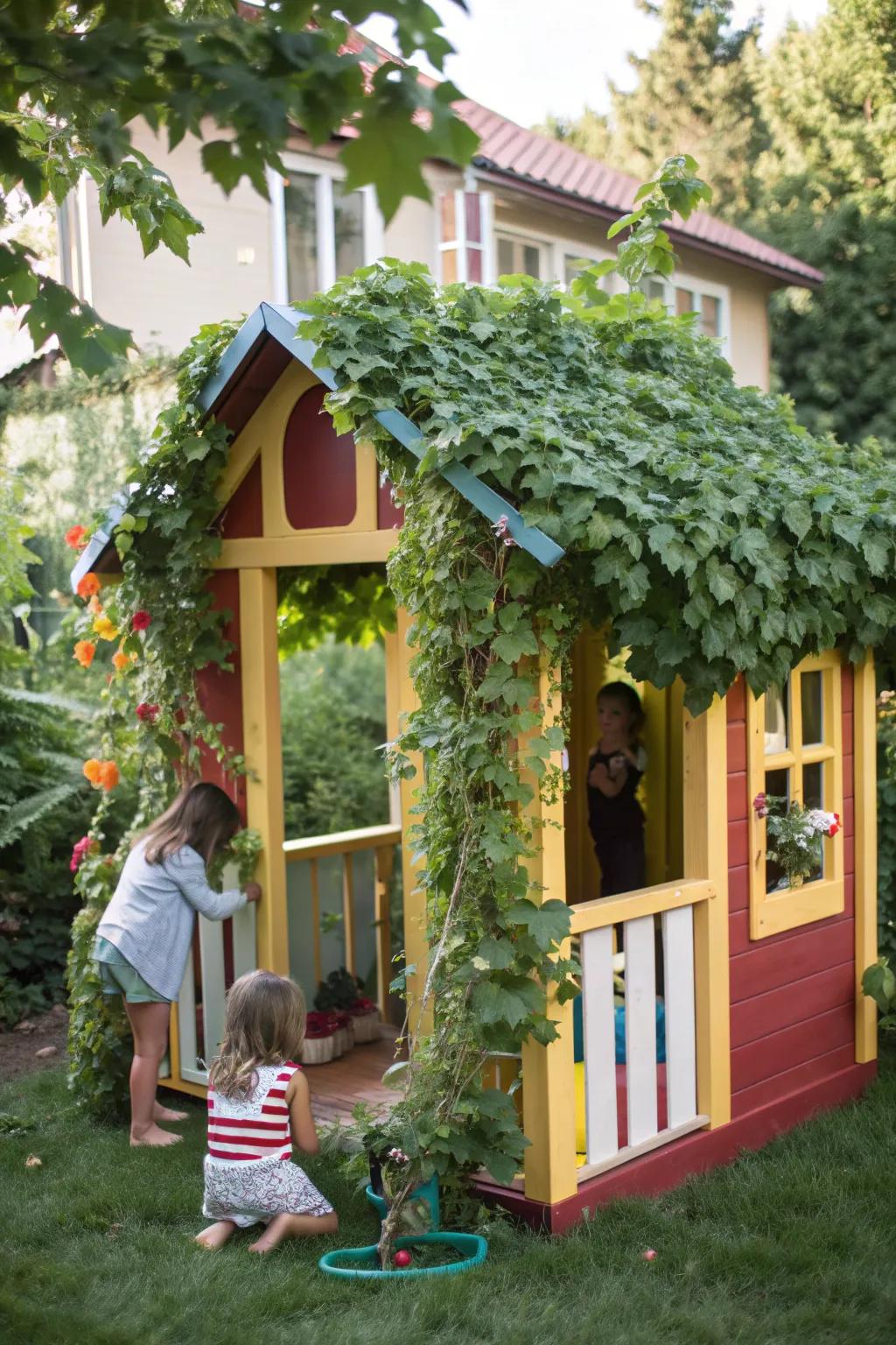 Inspire imagination with grapevine-adorned playhouse.