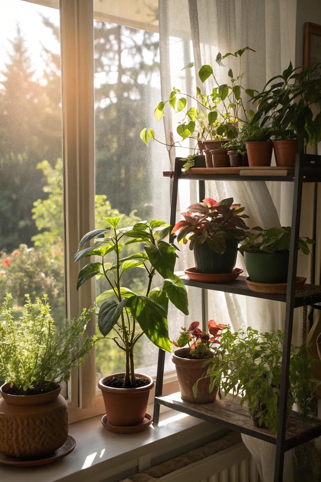 Tiered shelves filled with lush plants create a mini indoor garden.