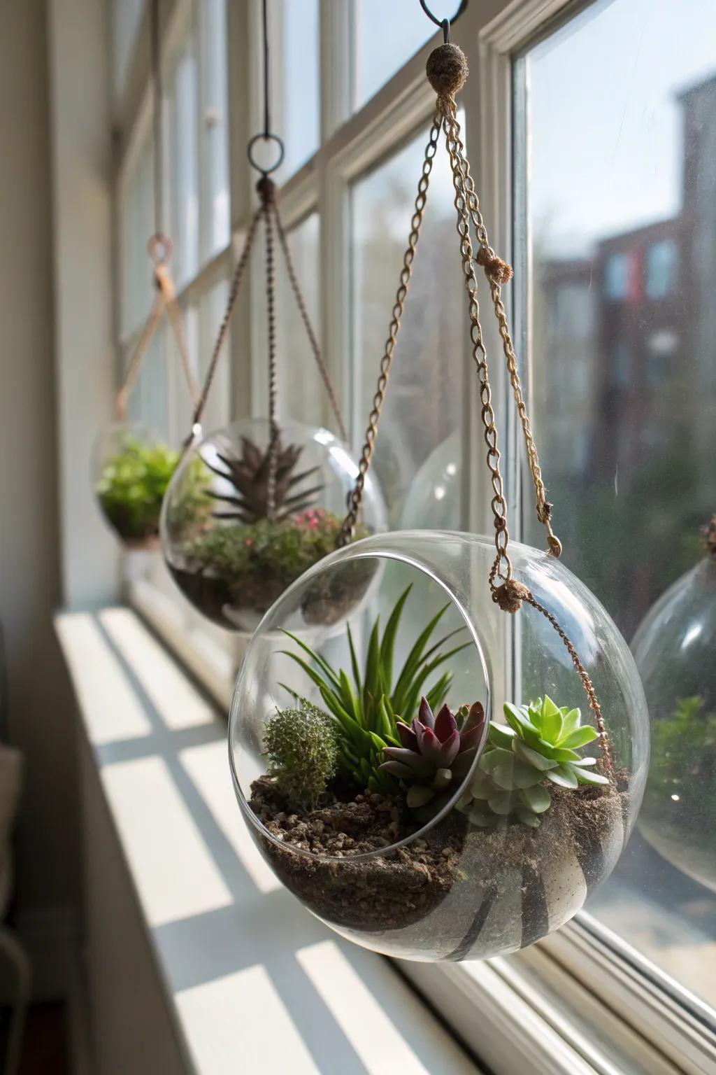 Hanging glass terrariums bring elegance and modern style to your window.