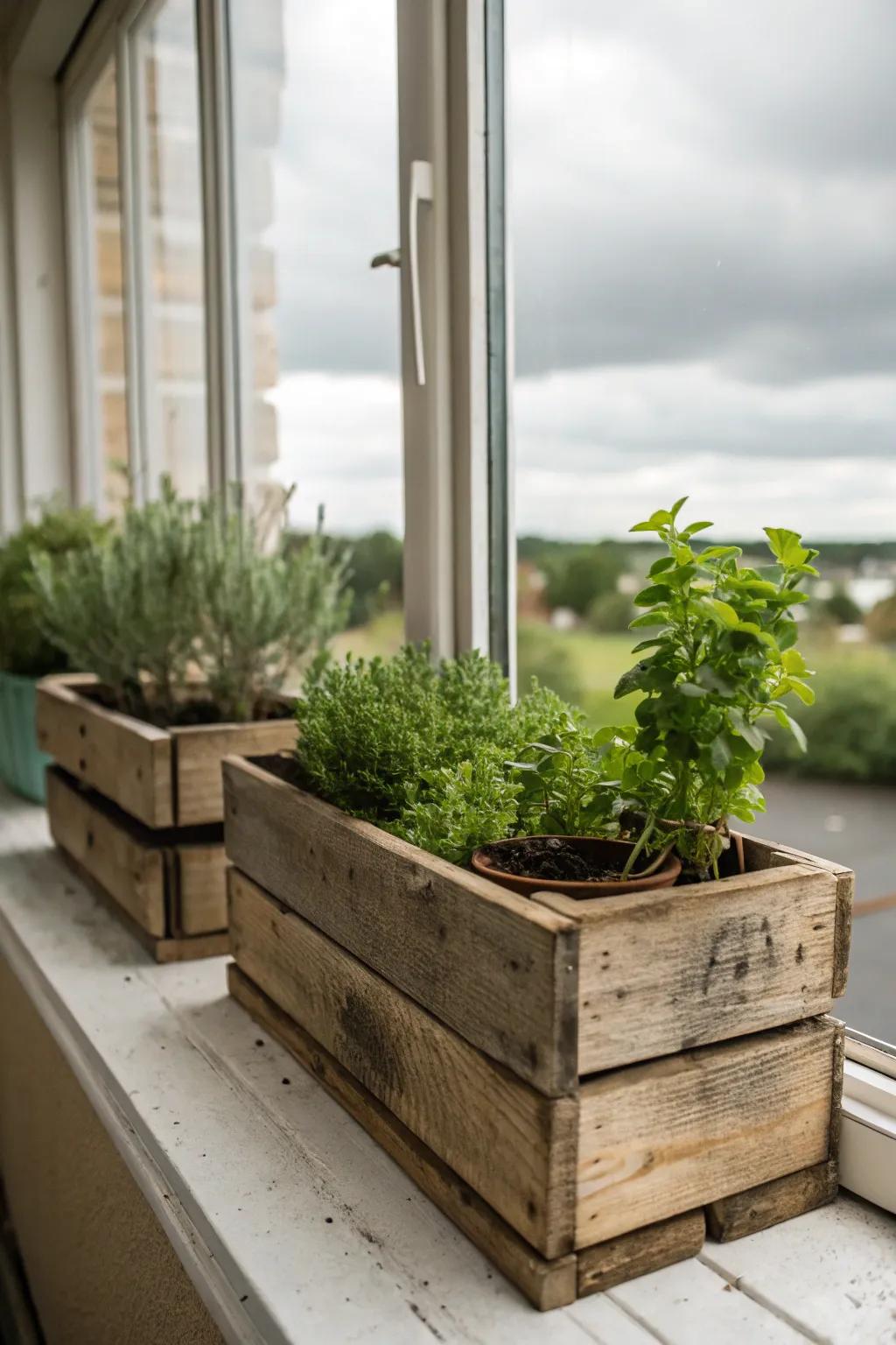 Rustic wooden boxes lend warmth and charm as window planters.