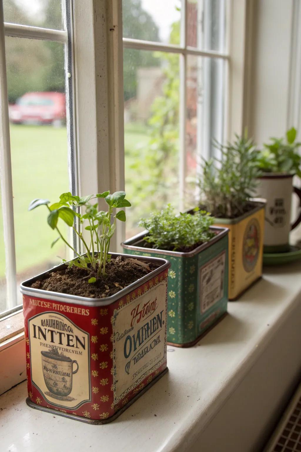 Vintage tea tins transform into charming, eclectic planters.