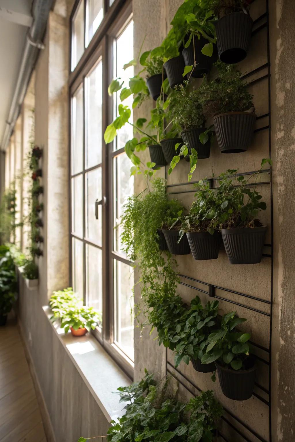 A vertical wall garden adds a lush, space-saving display.