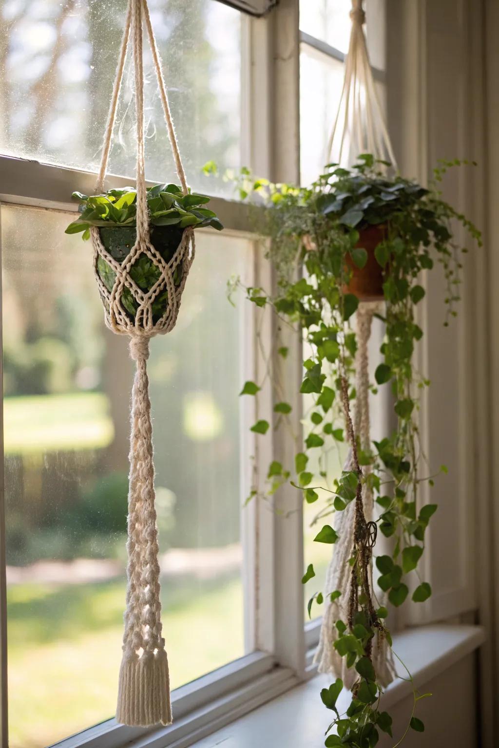 Macramé plant hangers add bohemian charm to your window space.