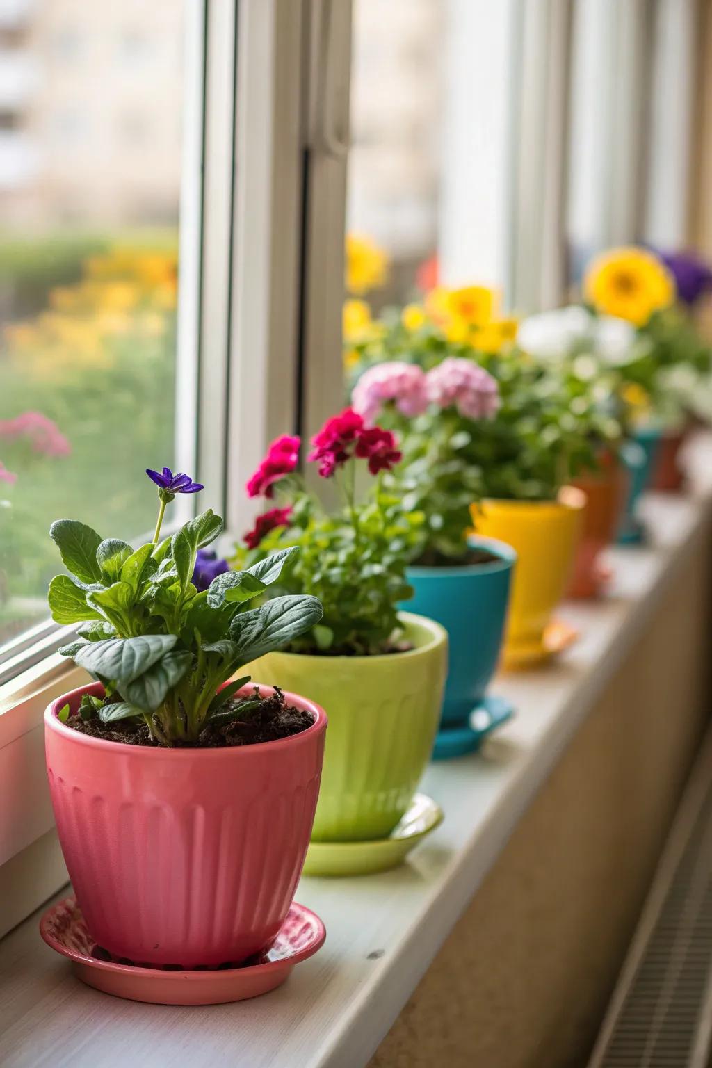 Colorful ceramic pots add vibrancy and playfulness to your window garden.