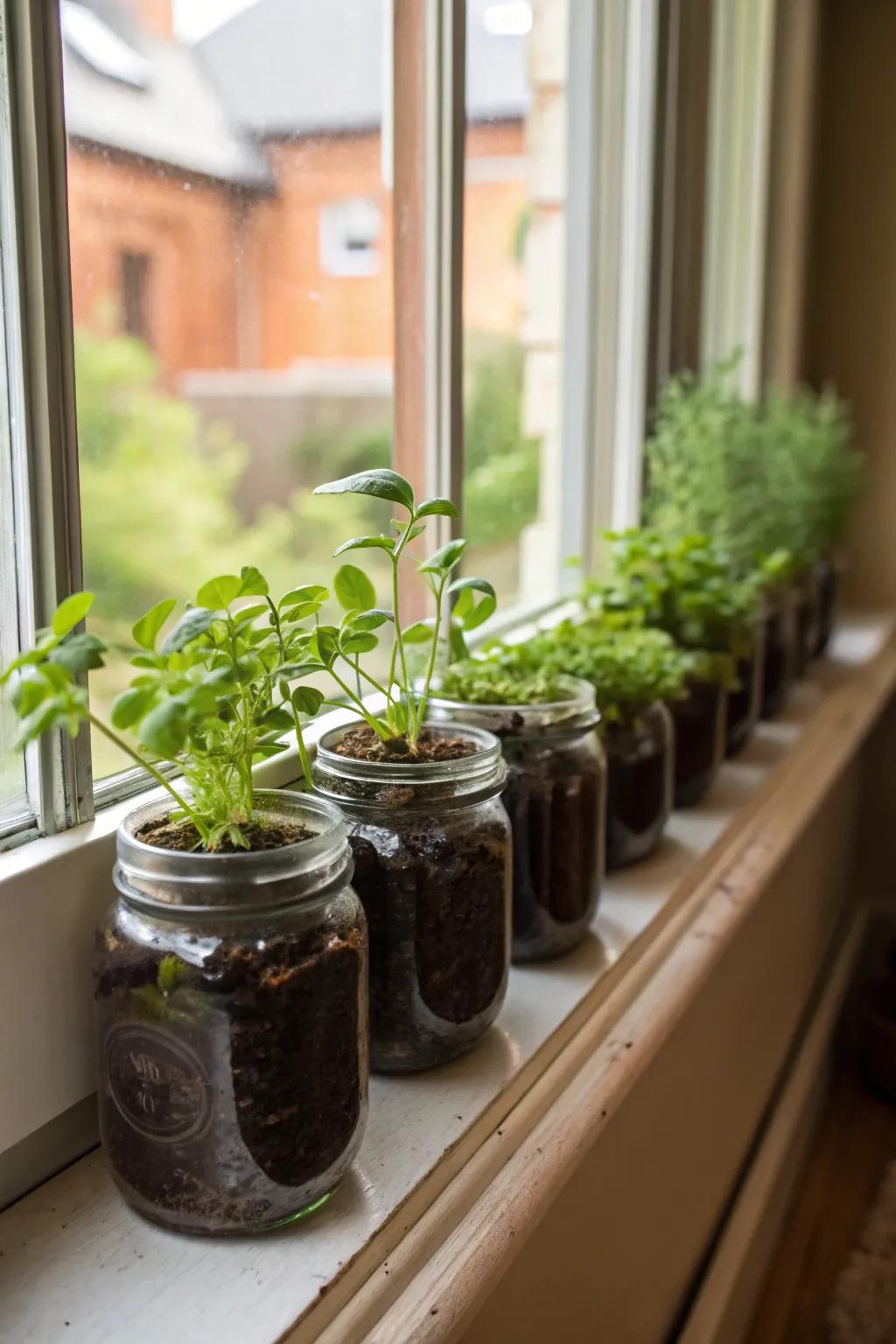 Mason jars bring a quaint, rustic charm as window planters.