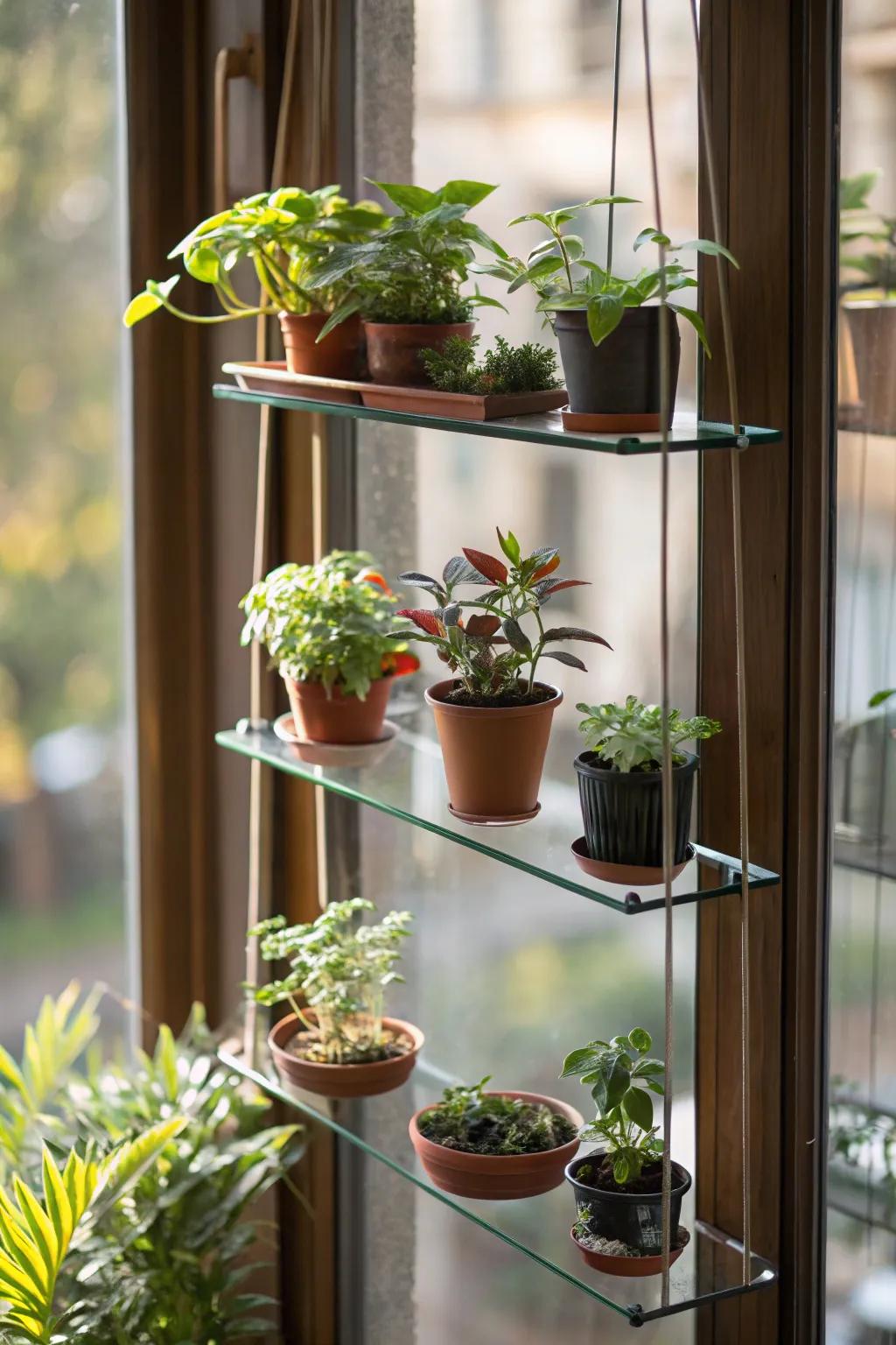 Floating glass shelves offer a sleek, light-filled plant display.