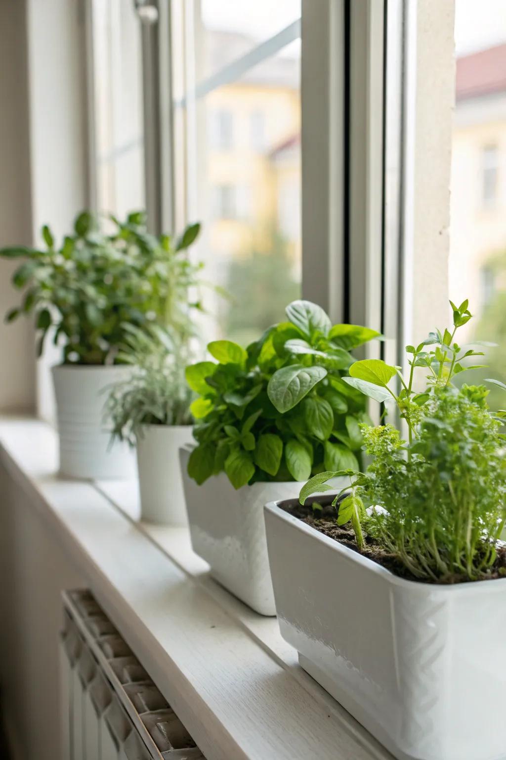 Minimalist white planters provide a clean backdrop for vibrant plants.