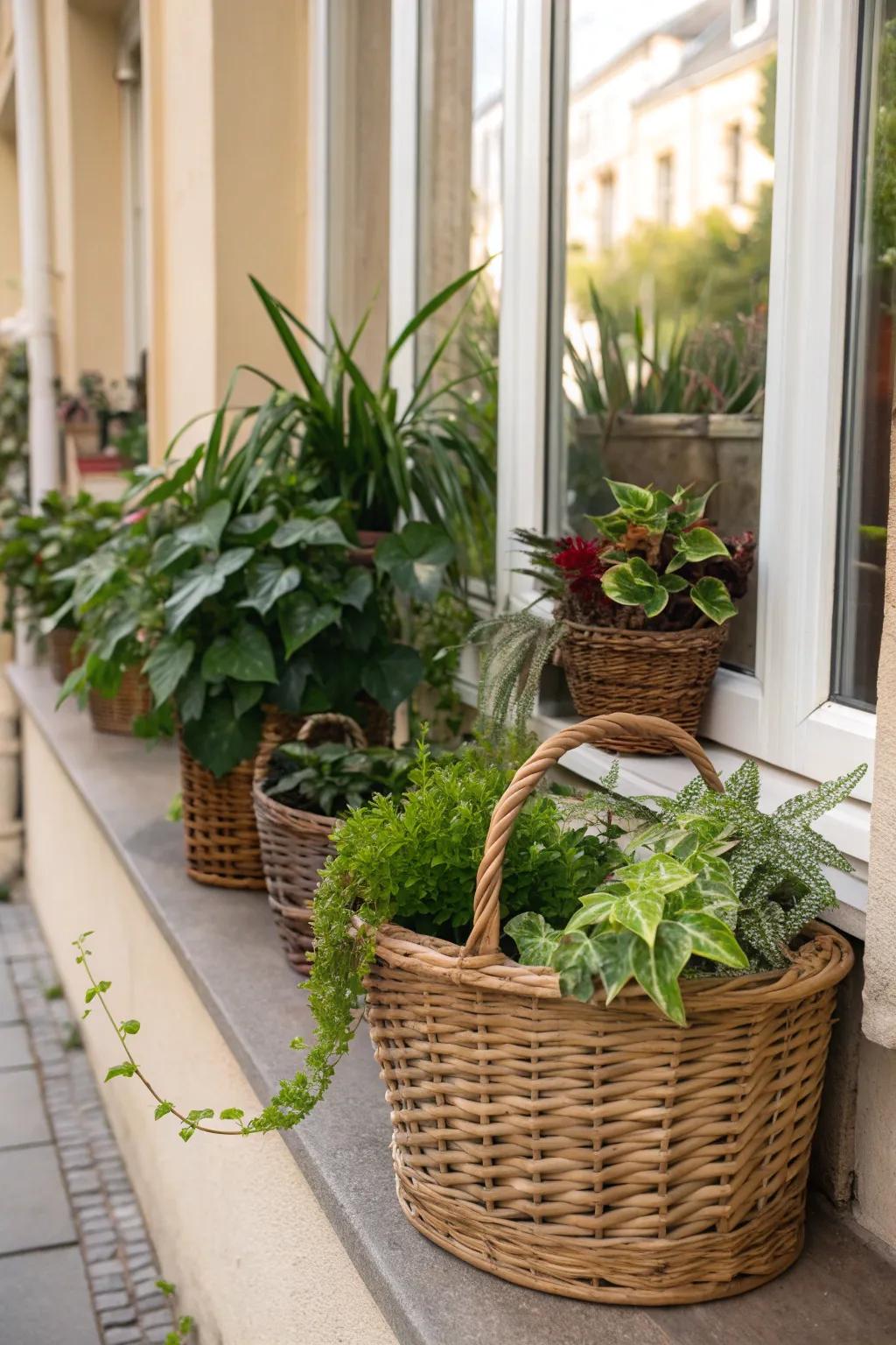 Wicker basket planters bring a cozy farmhouse feel.