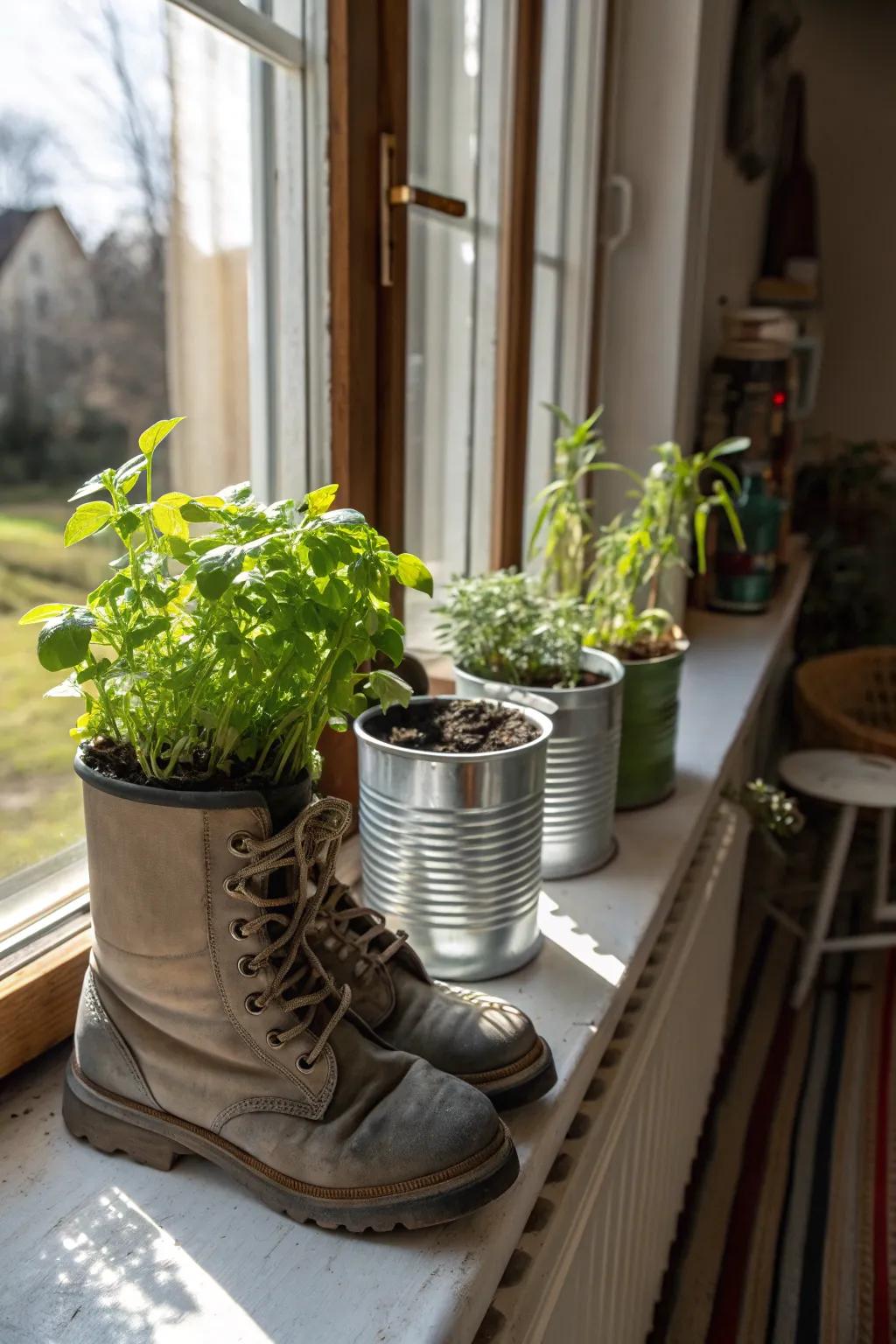 Upcycled containers offer a sustainable, personalized planter option.