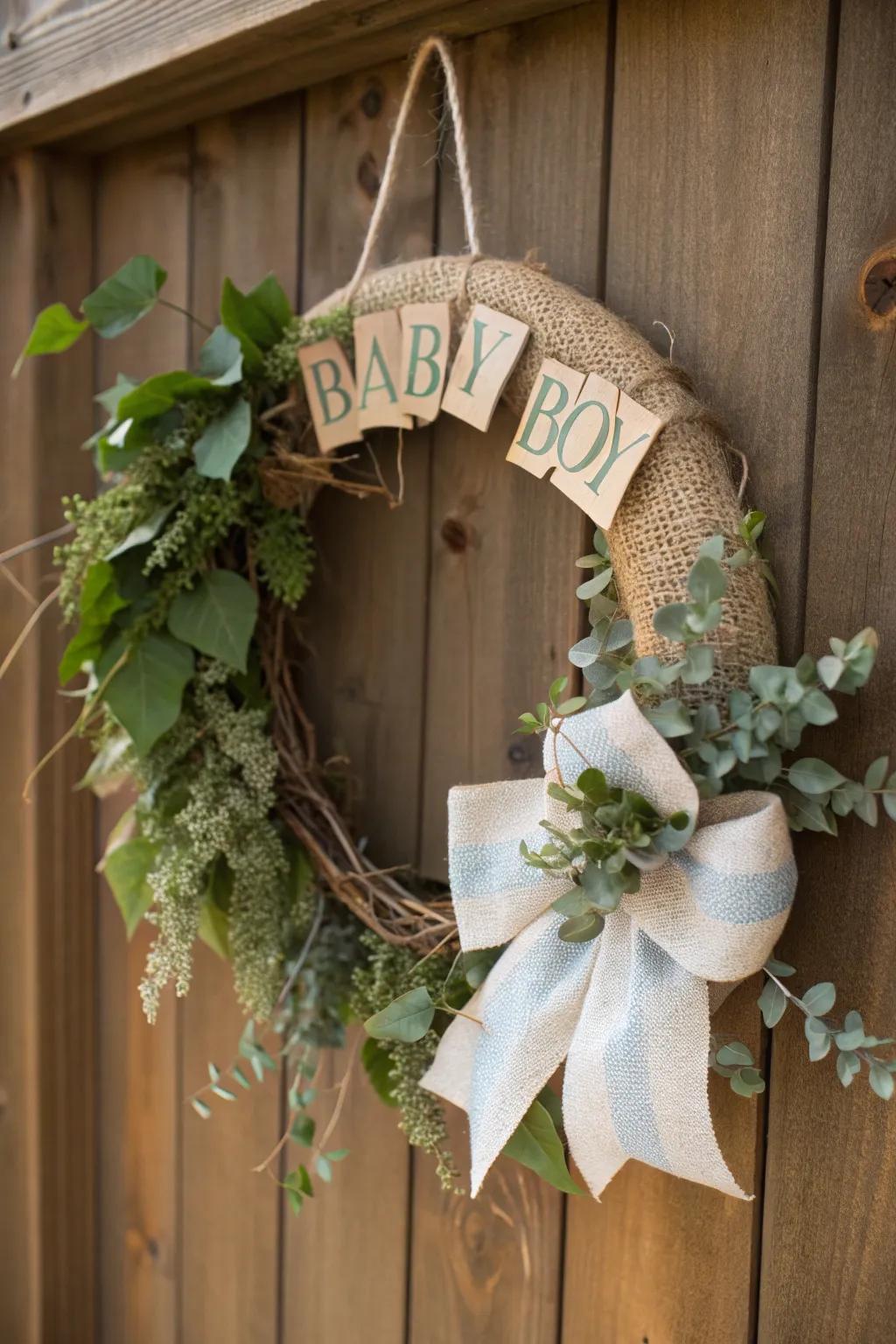 Rustic charm meets baby boy joy in this burlap wreath.