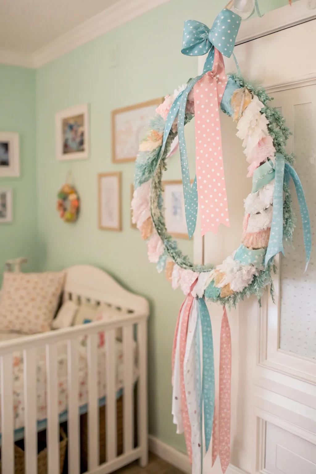 Pastel colors create a soothing and gentle wreath.