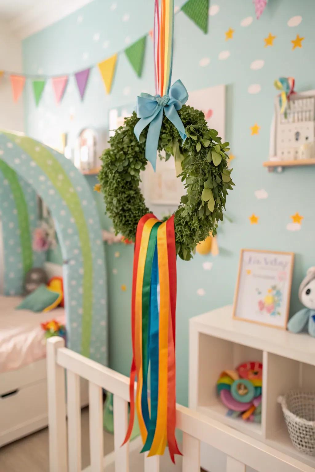 Rainbow ribbons bring joy and color to this wreath.