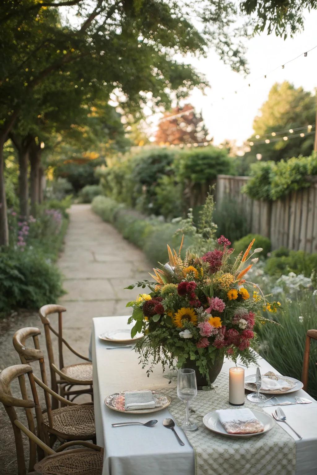 A garden-inspired tablescape with fresh blooms and greenery.