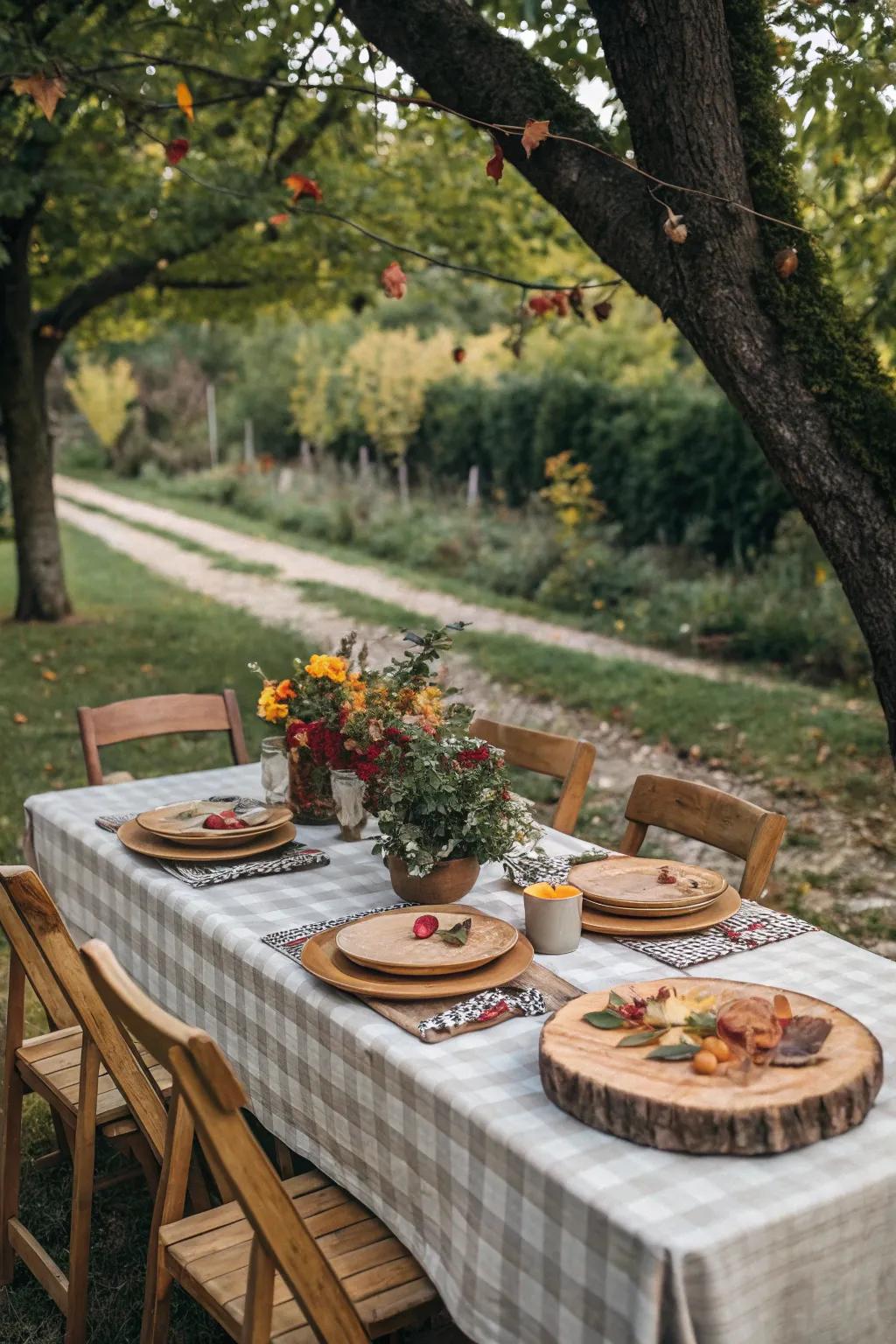 Rustic charm with wooden chargers and stoneware.