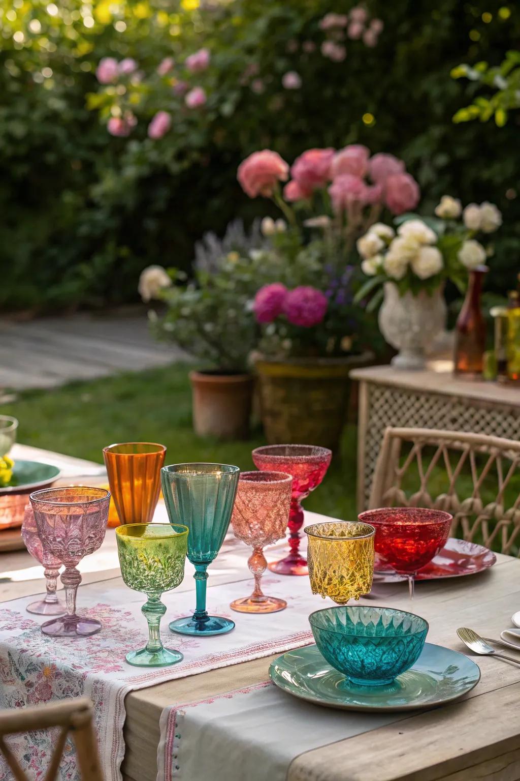 Vibrant glassware adds a playful pop of color.