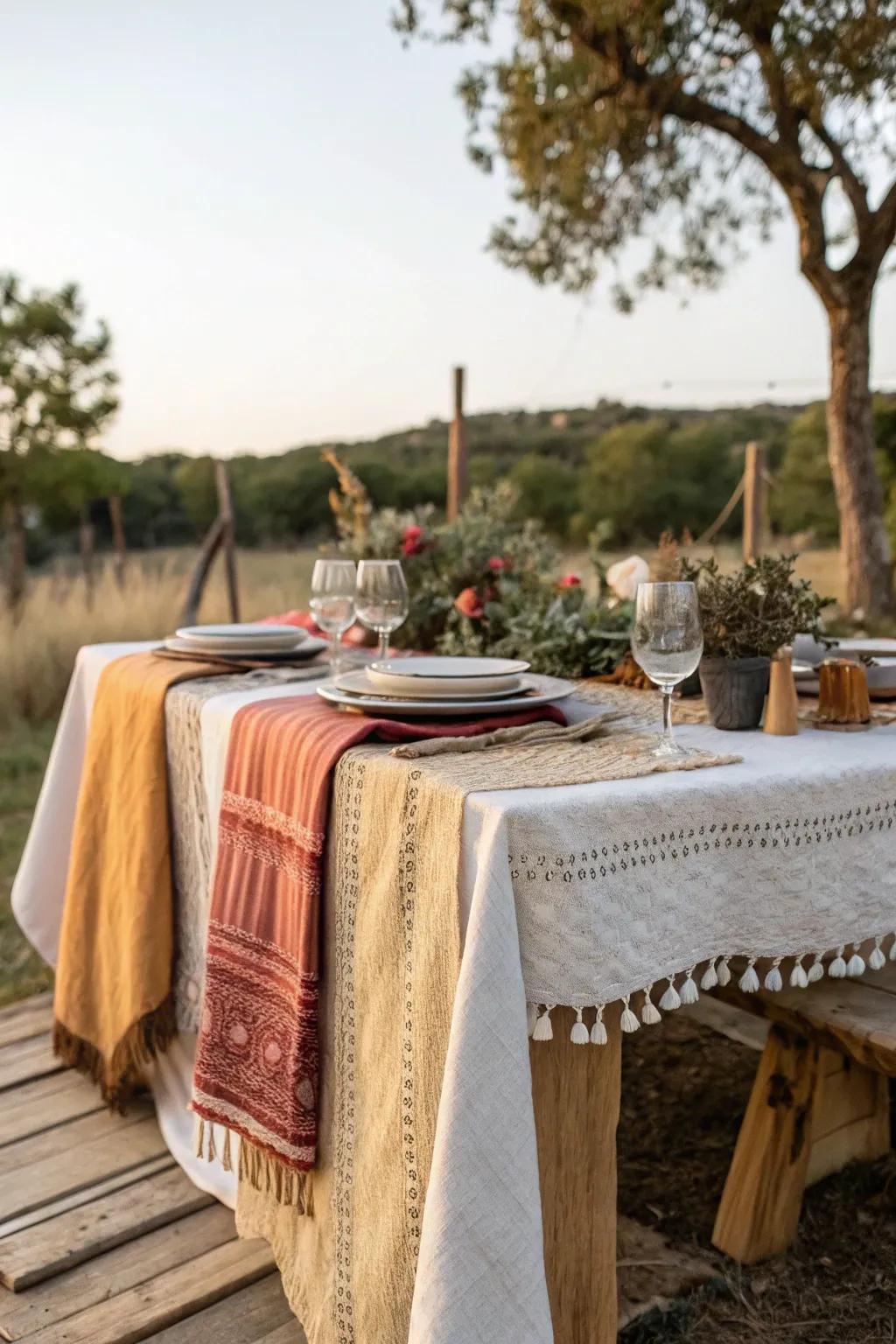 Layered textiles create a rich and inviting tablescape.